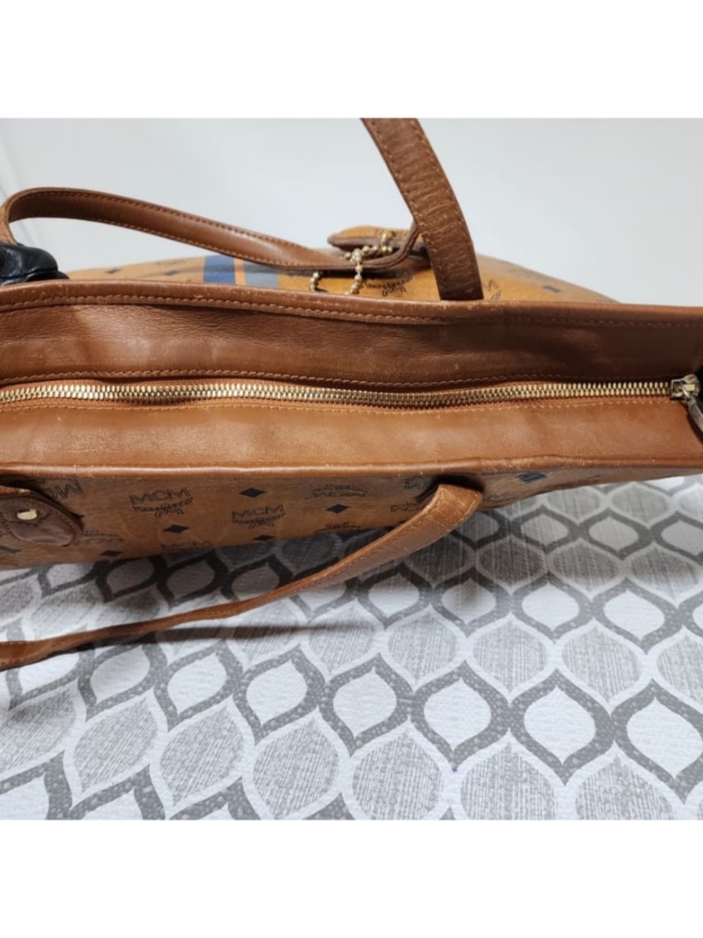 Authentic MCM Visetos Striped Shopper Tote Bag Cognac - Picture 8 of 14
